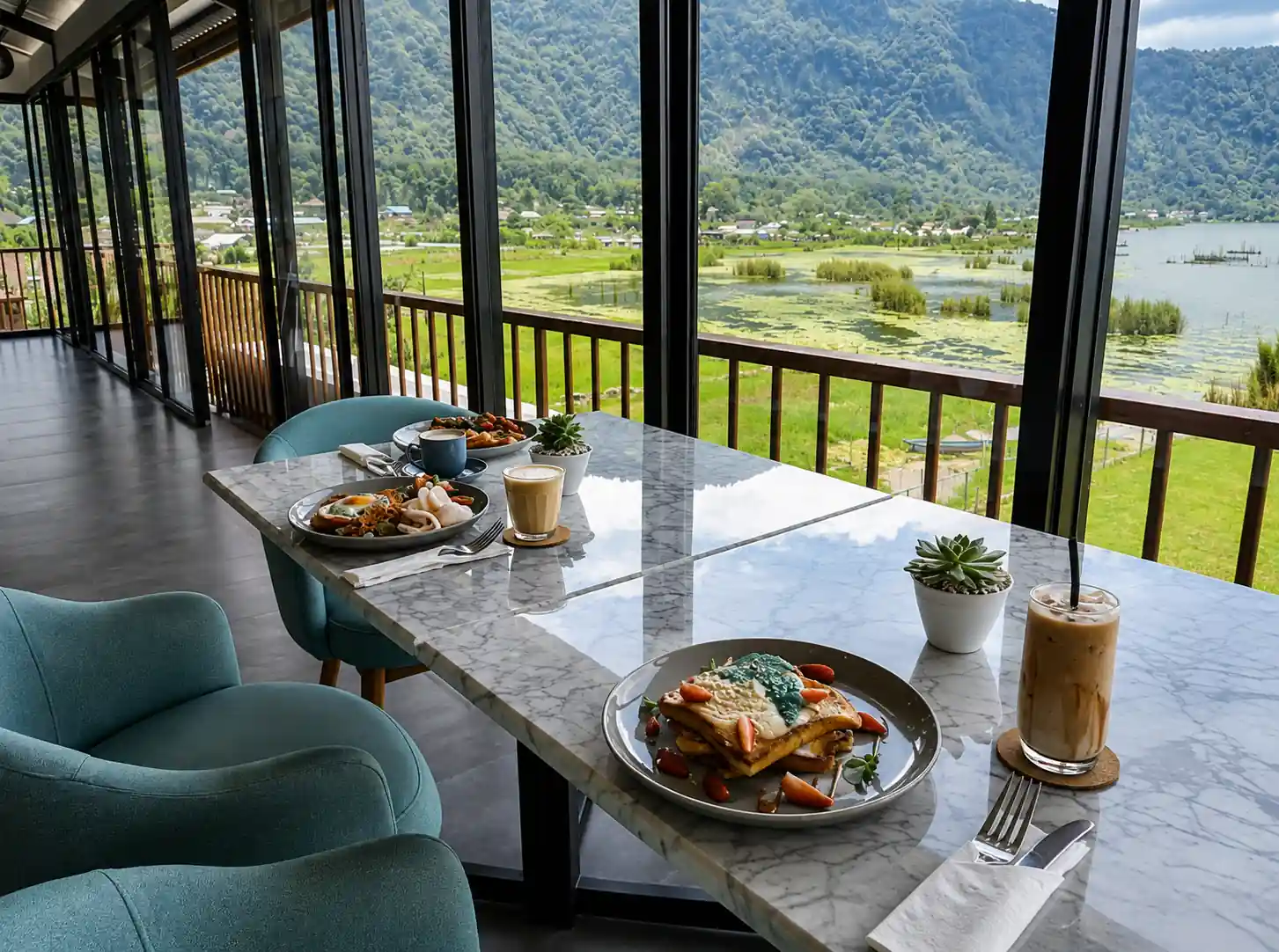 Marble table set for brunch inside the glass-walled restaurant looking over the lake.